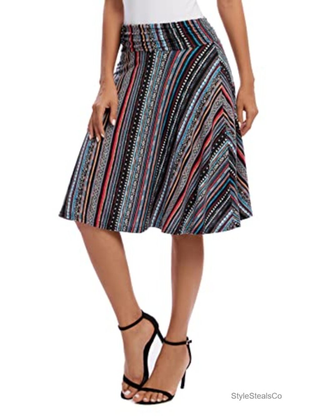 Women's Ruched High Waist A-Line Midi Jersey Skirt Stretchy Flared Casual